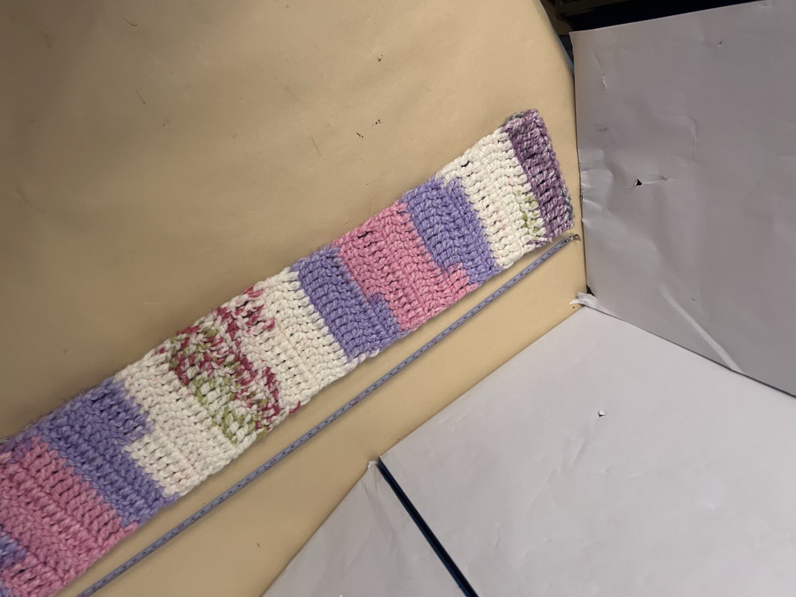 Handmade knit multicolor scarf pink/gray/white/purple