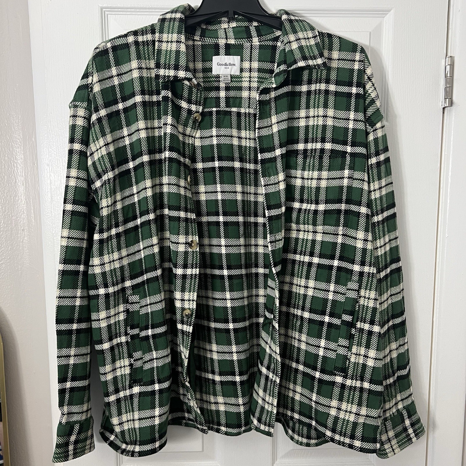 Goodfellow & Co Men’s 2XL Green White Plaid Flannel Button Front Shirt Jacket