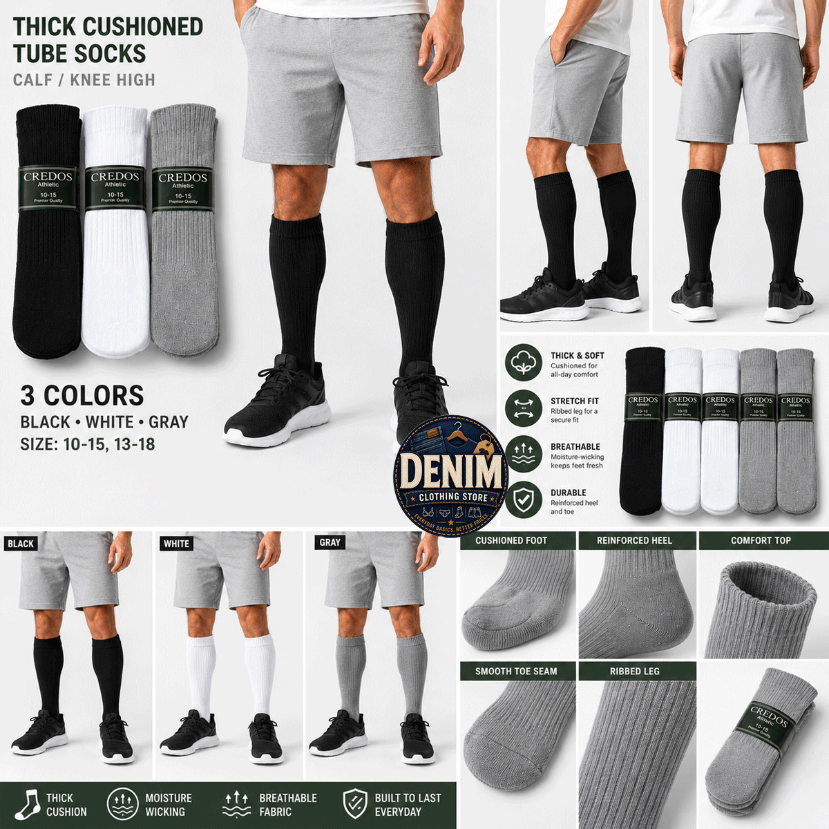 4 8 12 Pairs Athletic Thick socks Calf / Knee High Men’s Tube Socks White Black