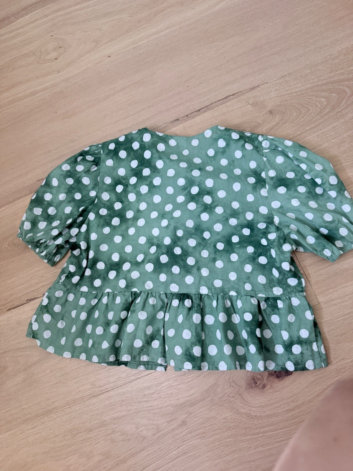 Cotton Women’s green Polka Dot Puff Sleeve Bow Blouse Small/medium