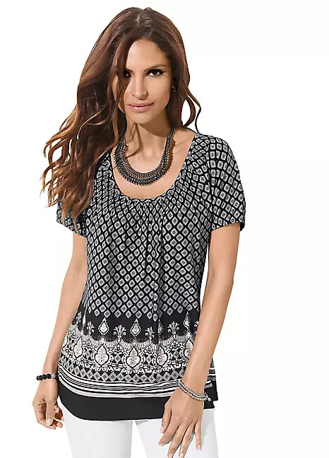 Women Printed Short Sleeve Tunic Top Black Beige White Size Uk 10 20 22 28