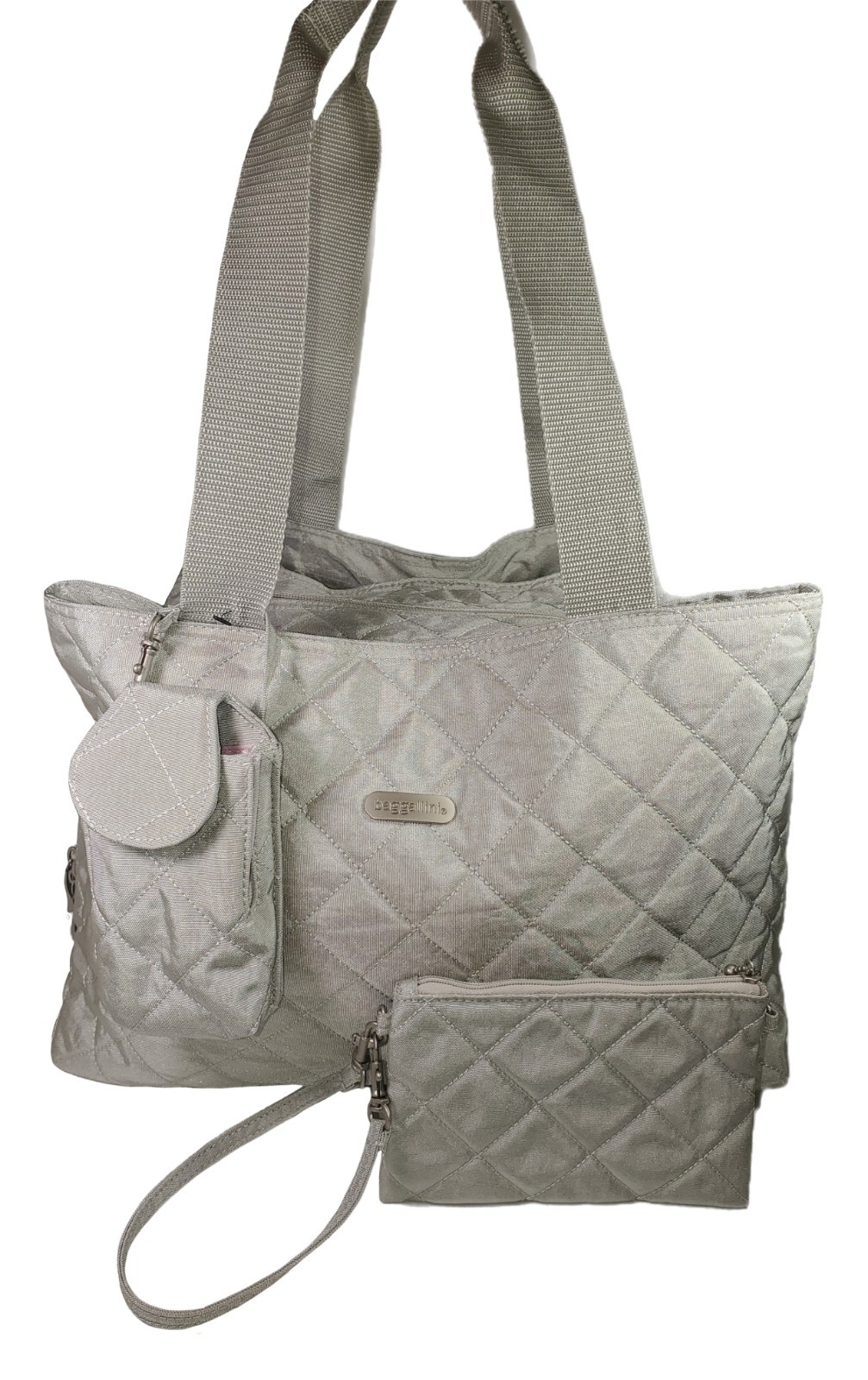 Baggallini Large Quilted Silver & Pink 3 Compartments Tote Travel Bag Purse New