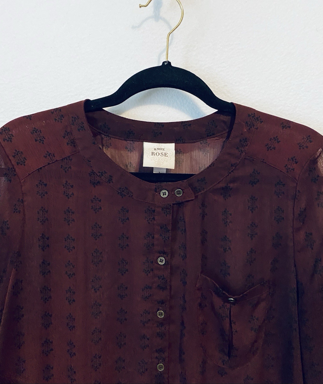 Knox Rose Top Womens 1X Maroon Boho Print Sheer Chiffon Long Sleeve Peasant