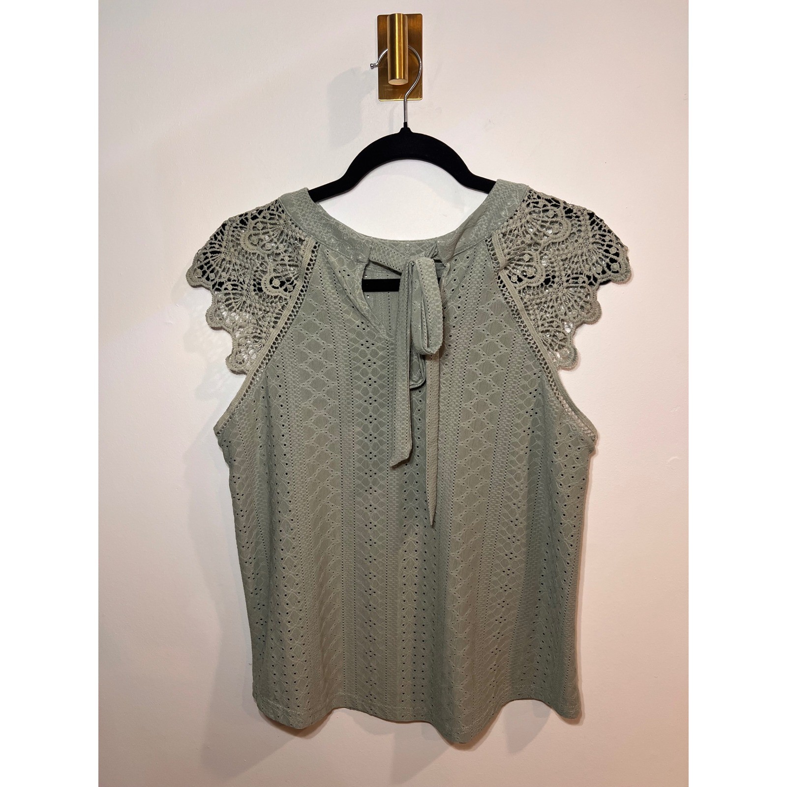 Boho Crochet Lace Trim Sage Green Cap Sleeve Top- Large