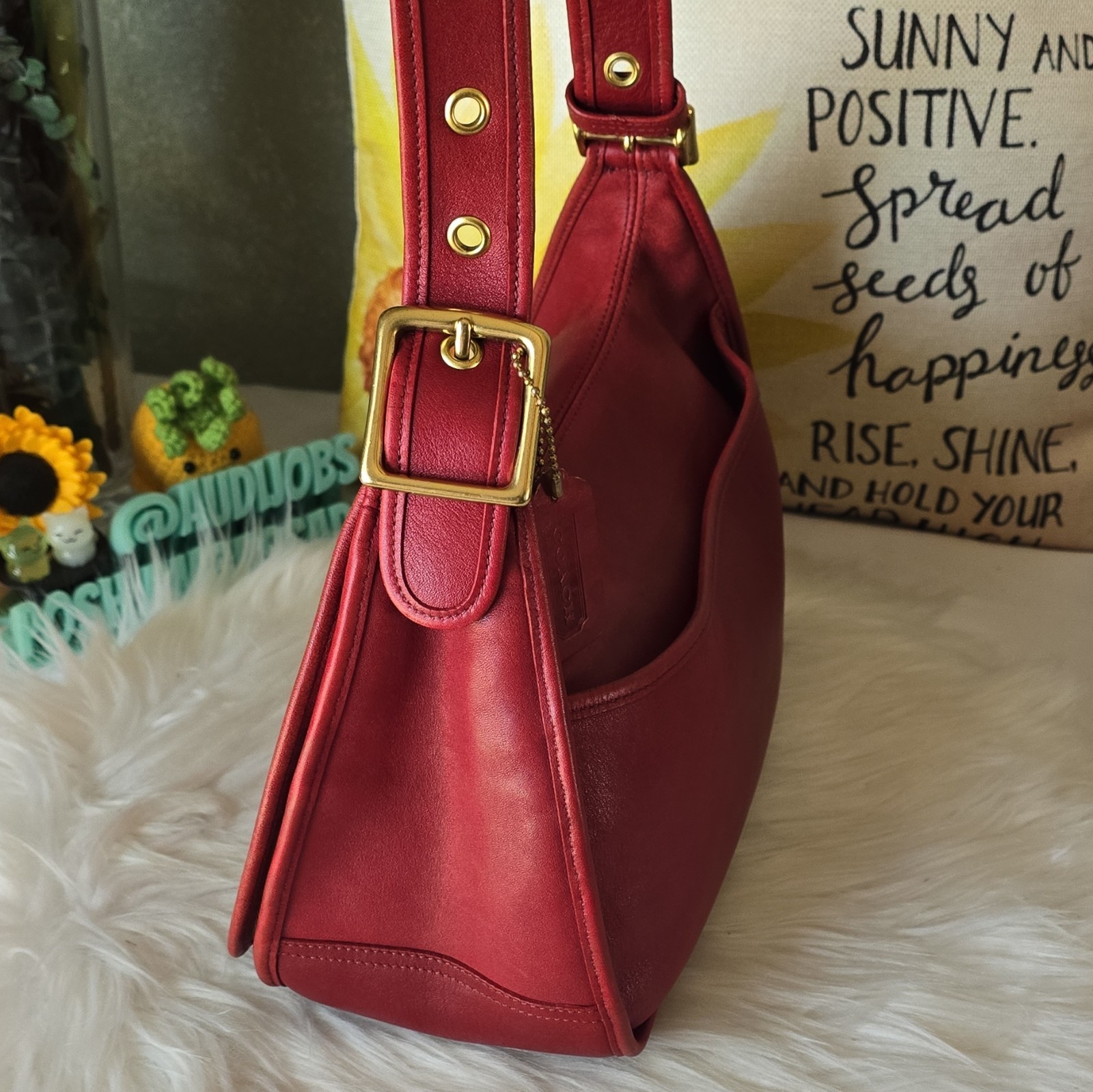 Coach Red Small Crescent Shoulder Bag Turn Lock Gold Hardware Hang Tag
