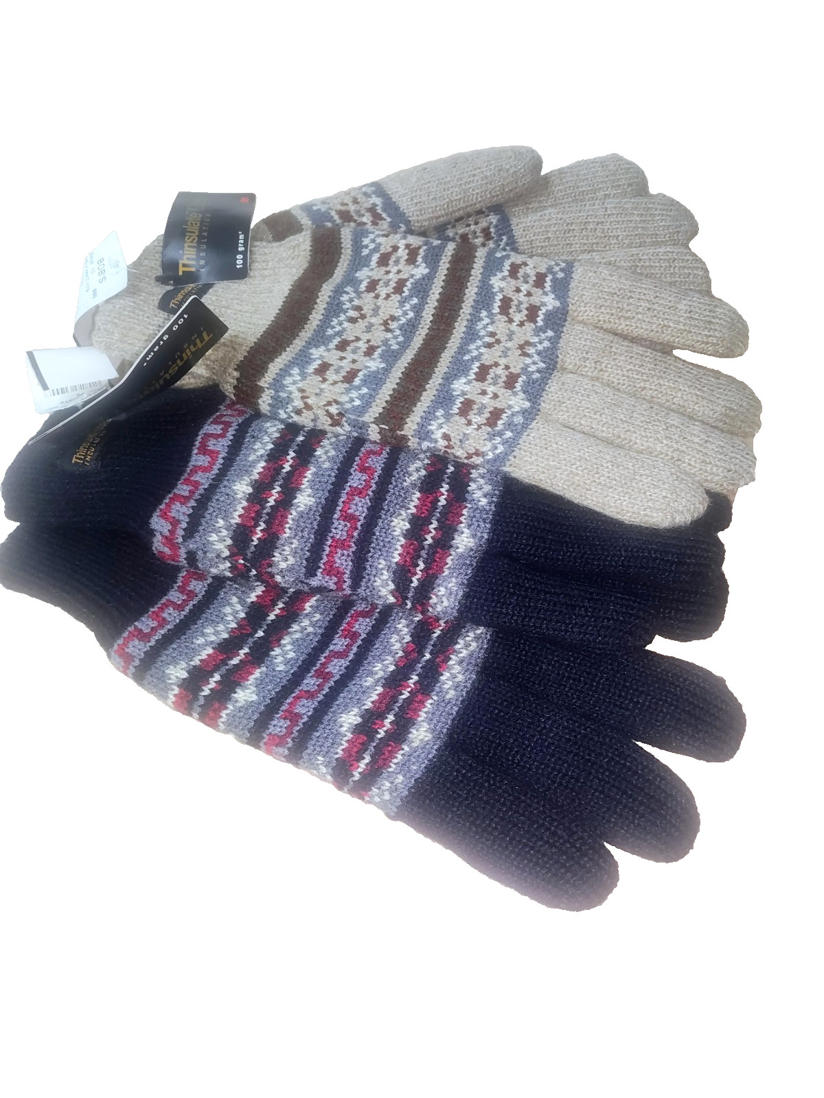 2 Prs Vtg Thinsulate Plus Acrylic Mohair Blend Gloves Brown Black Fair Isle NWT