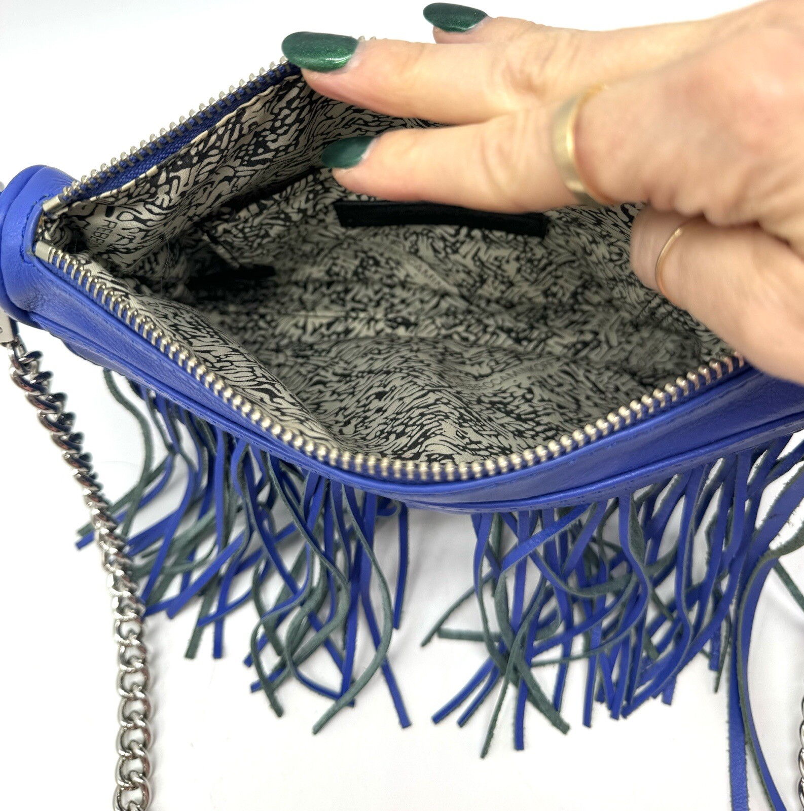 Rebecca Minkoff Mini MAC Fringe Crossbody Bag Cobalt Blue Leather Chain NWOT