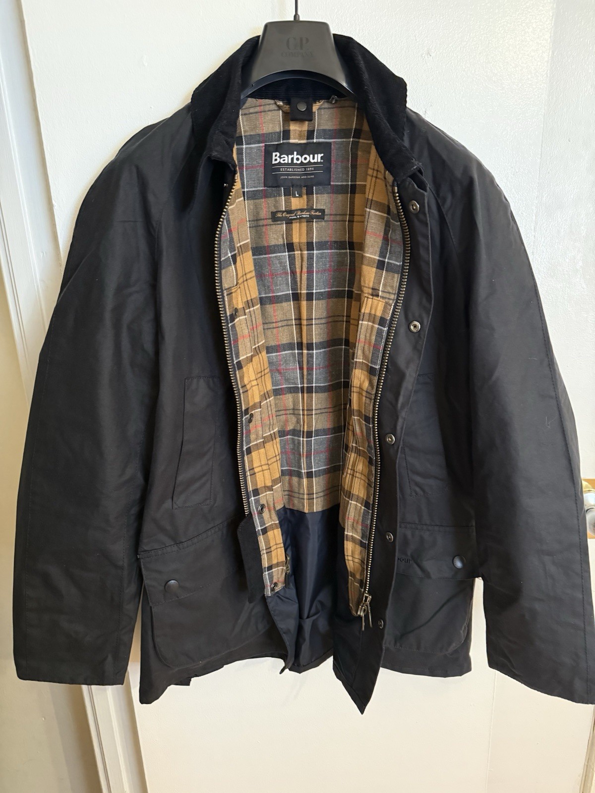 Barbour Men’s Black Wax Jacket Lined Tartan, Zip/Button Closure Size L