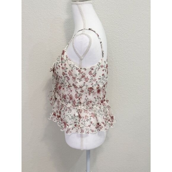 NWT Hollister Floral Chiffon Tie Front Peplum Cami Top White Pink Medium