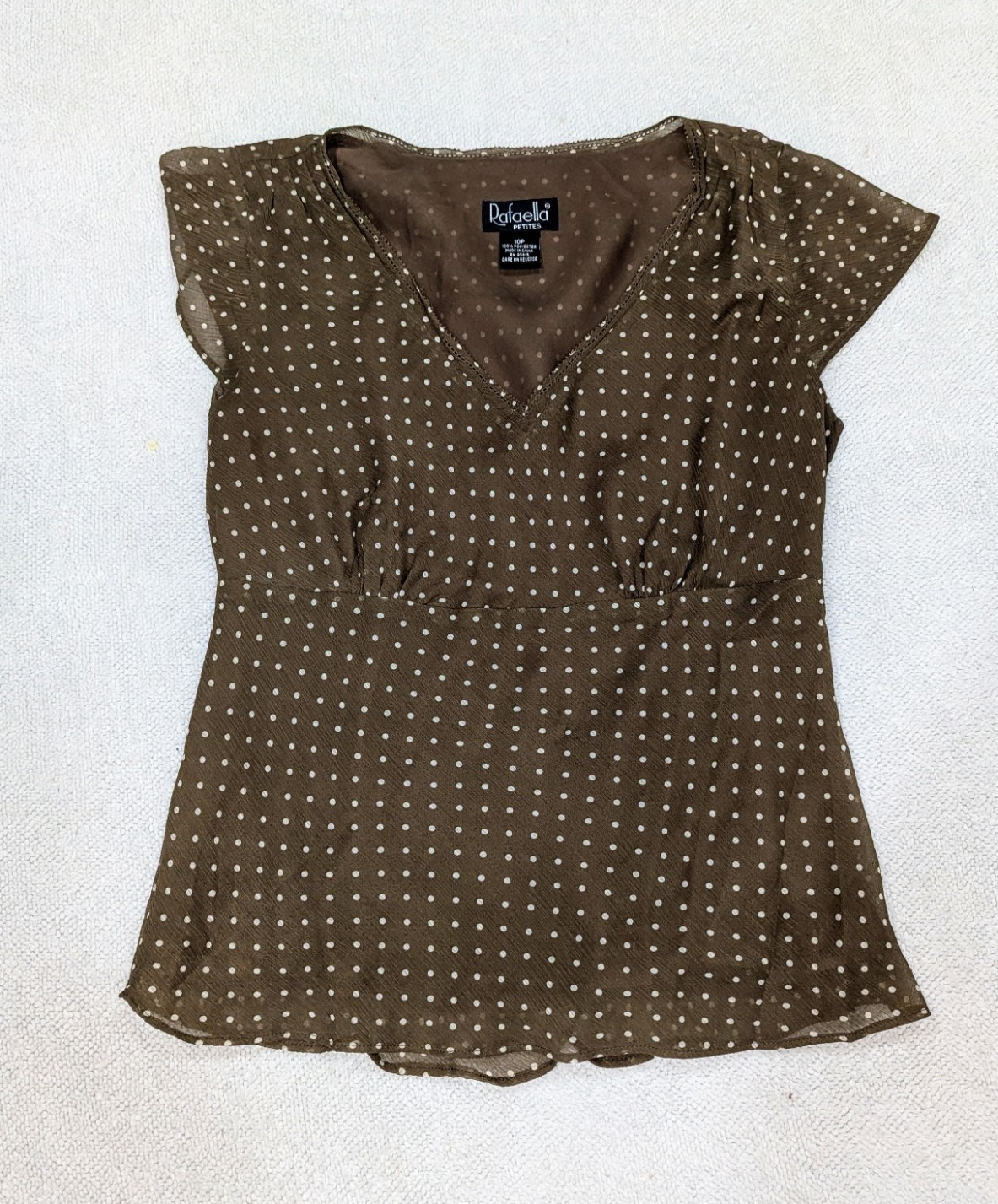Rafaella Petites 10P Brown/White Polka Dot V-Neck Cap Sleeve Chiffon Blouse