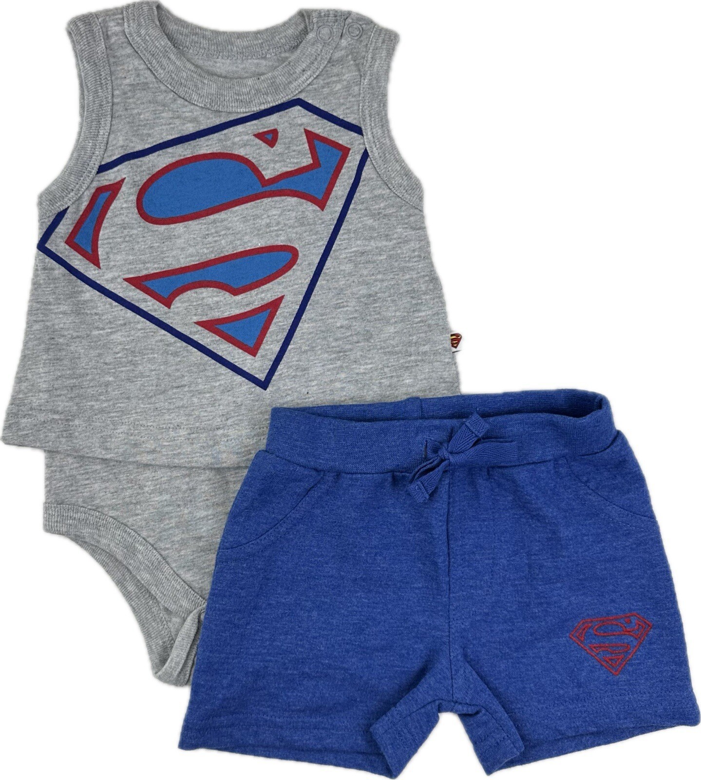 DC Comics Baby 2 Pc Grey Blue Cotton Superman Tank Top Bodysuit Shorts Set 0-3 M