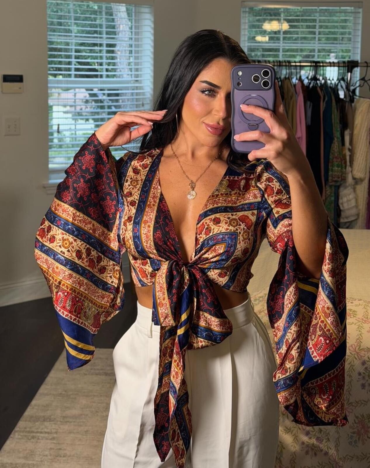 Boho Paisley Bell Sleeve Tie Front Crop Top Cider Festival Hippie