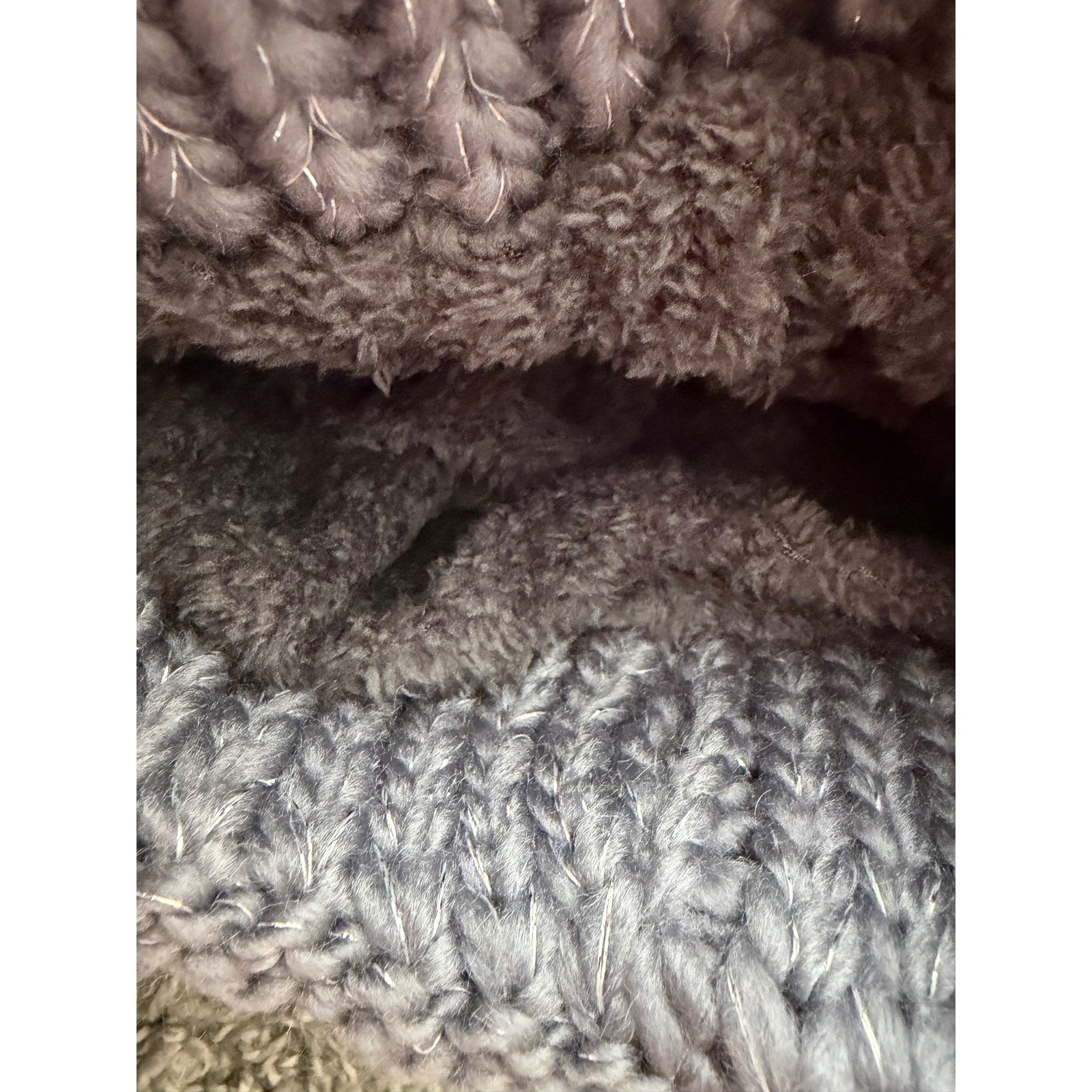 Chunky Knit Metallic Beanie Lavender Grey Fleece Lined Rosette Winter Hat