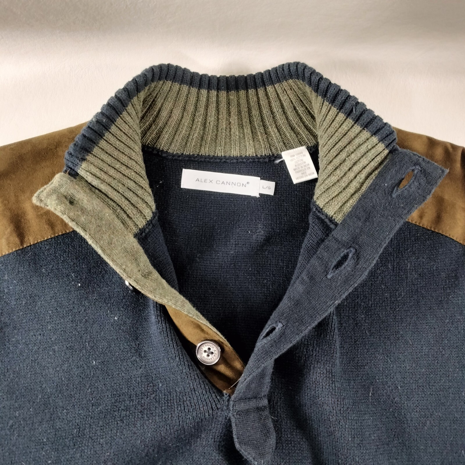Alex Cannon 3 Button Placket Blue Long Sleeves Sweater with Suede Mens Size L