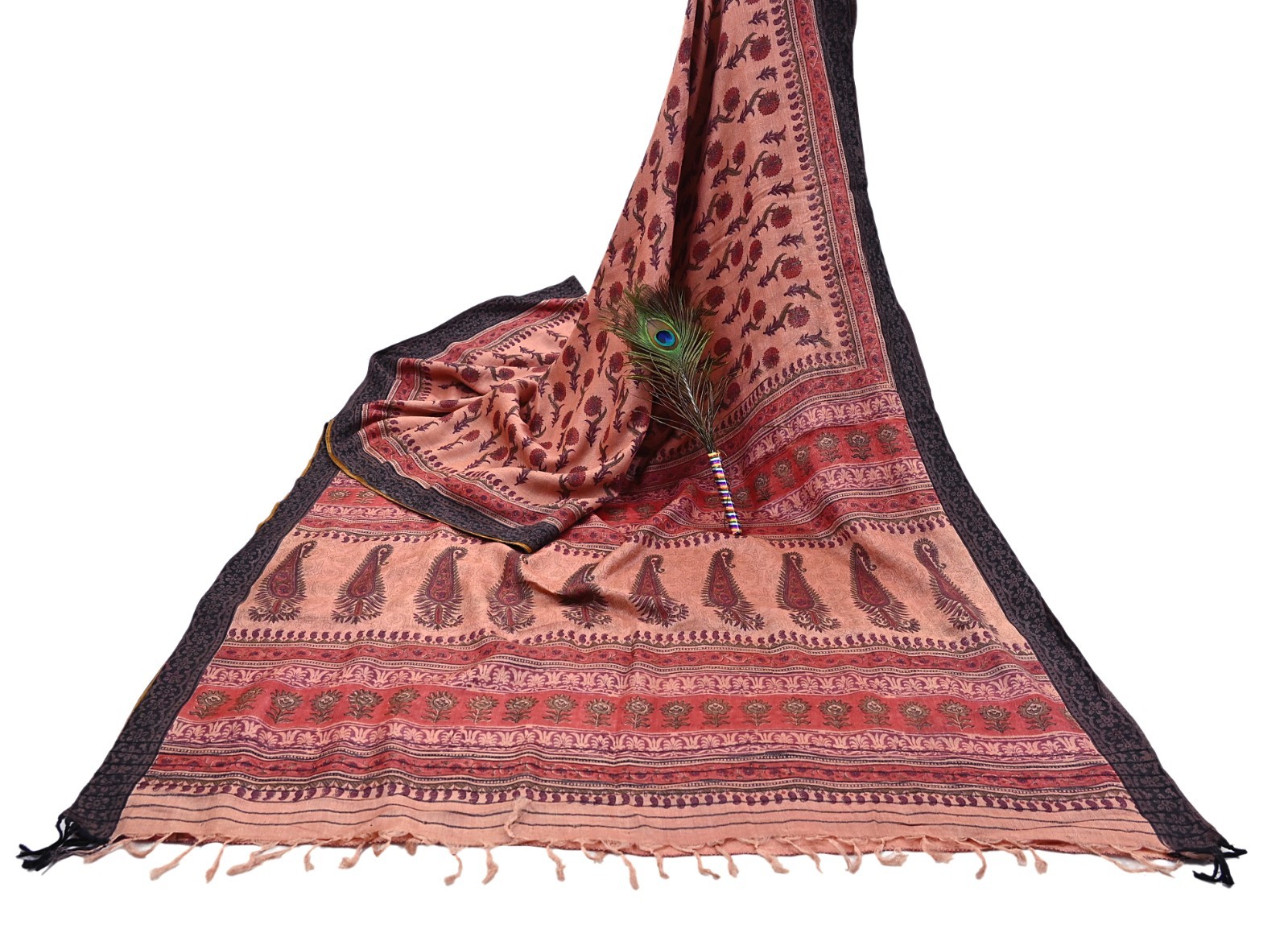 Vintage Peach Wool Saree Indian Pure Woolen Woven Floral Fabric 6Yard Soft Warm