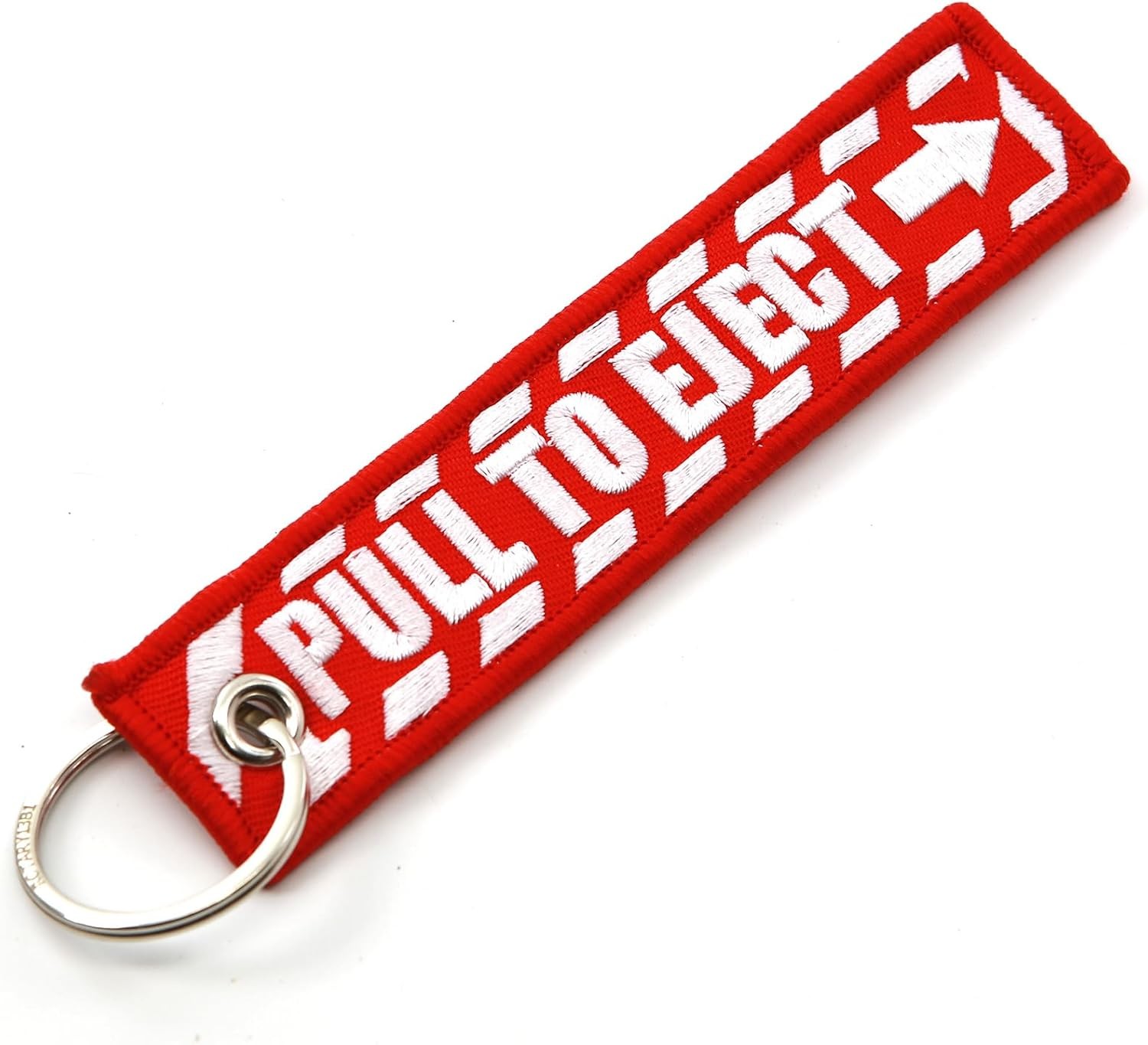PULL TO EJECT Key Chain – Red with White embroidered letters – Quantity = 1