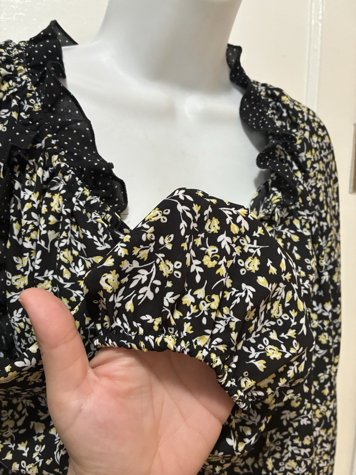DALIA Patchwork Floral Polka Dot Ruffle Black Yellow Peasant Blouse Boho Top L