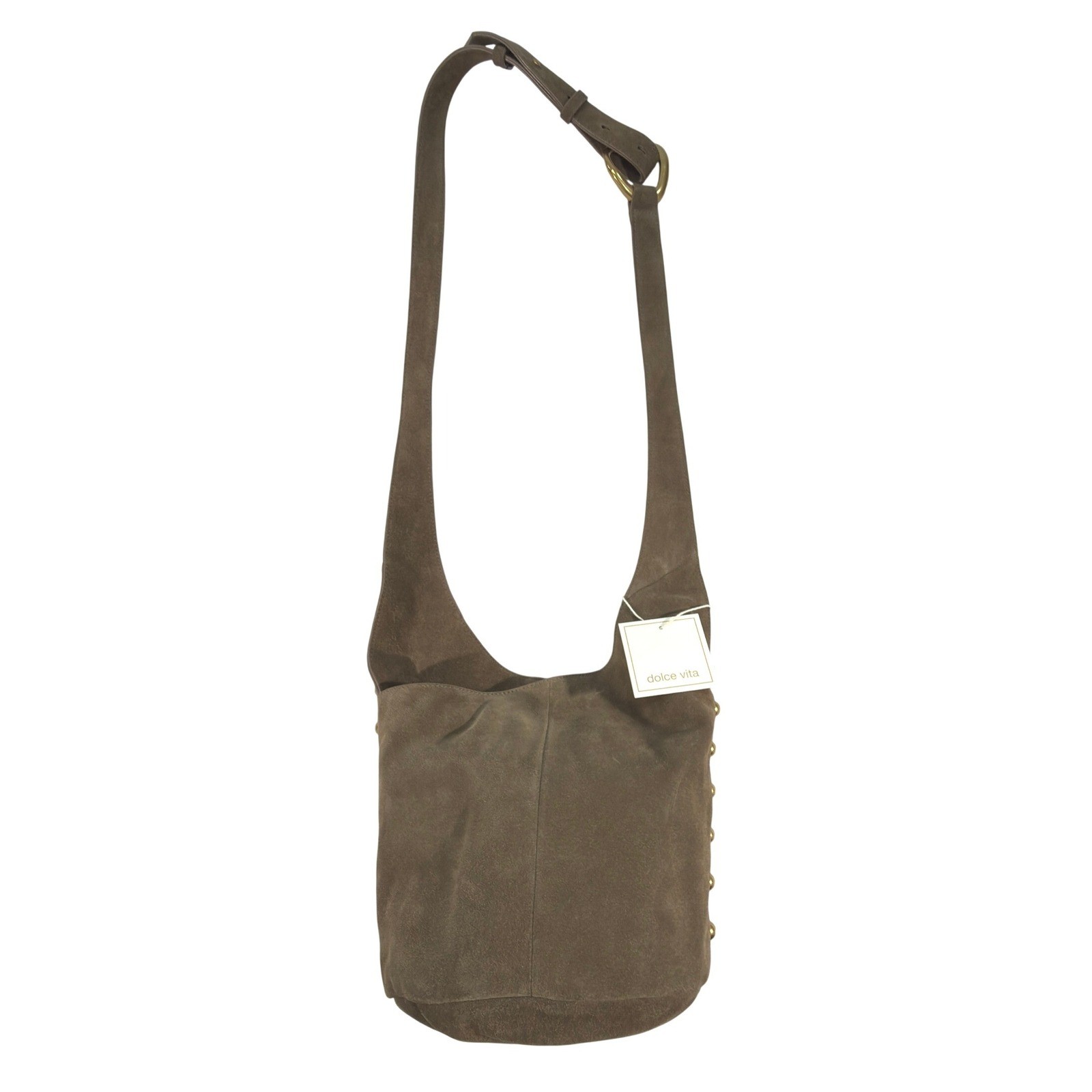 Dolce Vita Aubrie Olive Brown Suede Hobo Shoulder Bag NWT Gold Studs Boho