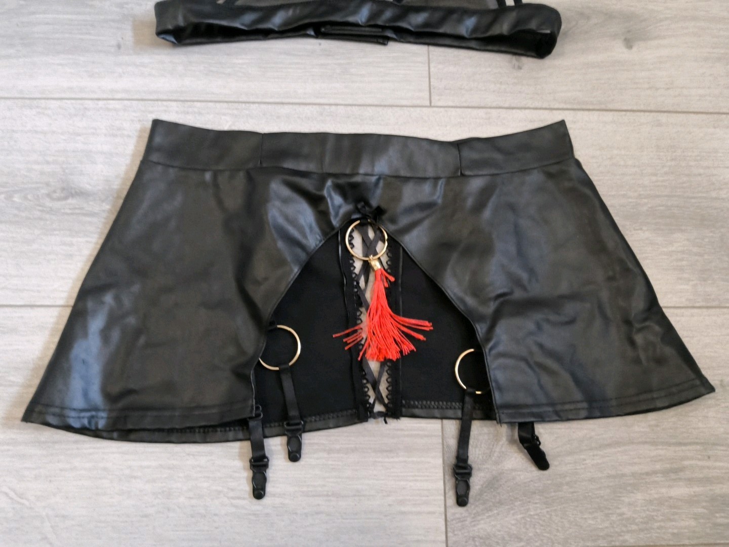 BNWOT Black PVC & Sheer Mesh Tassel Suspender Skirt & Bra Top Set Size 10-14