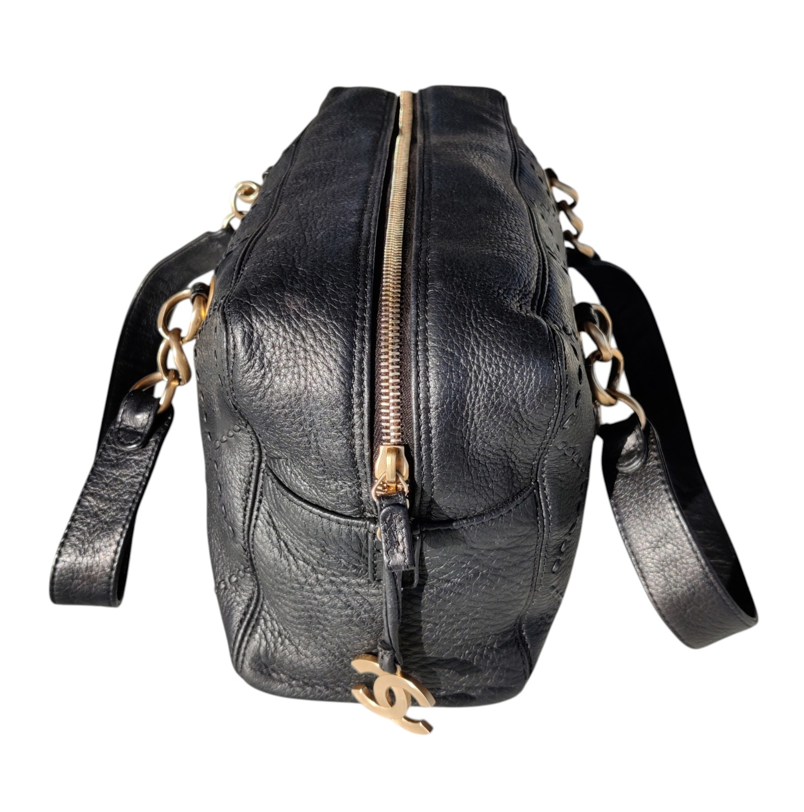 Vintage Chanel Black Leather Bowling Bag Surpique Gold CC Zip Authentic Shoulder