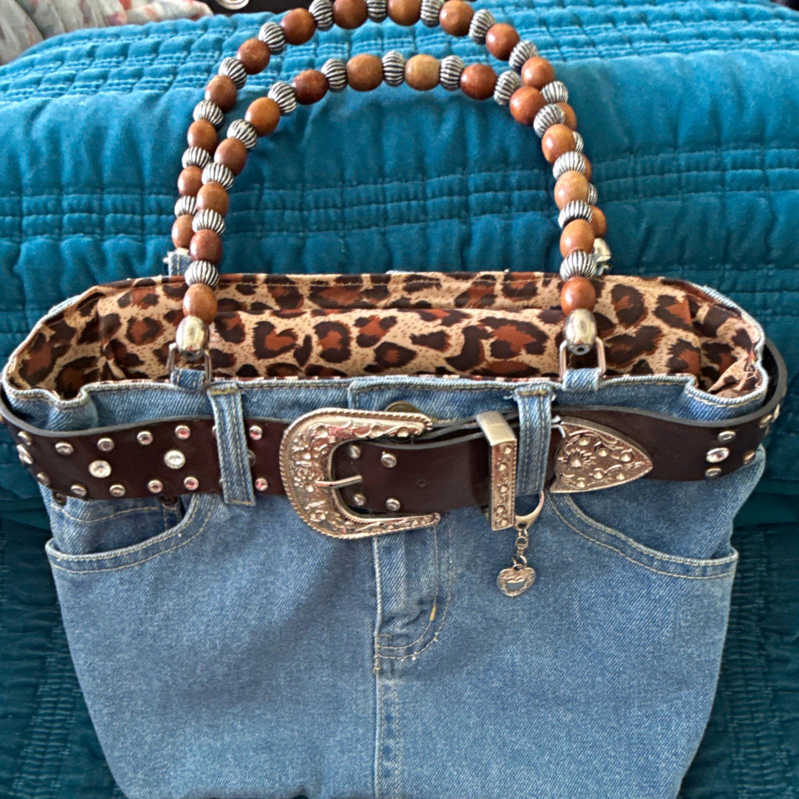 Denim Tote Bag Wood Beaded Shoulder Strap Studded Buckle Animal Print Lined