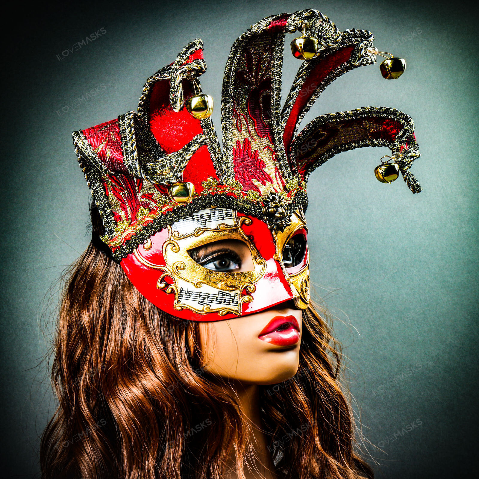 Jester Joker Venetian Musical Eye Mask with Bells – Gold Red Halloween Eye Mask
