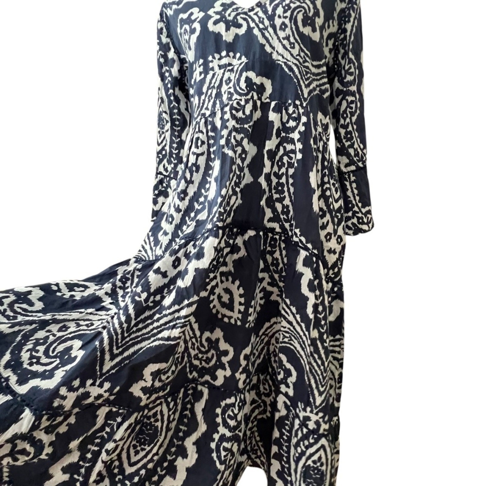 La Plage Dress Medium Midi 100% Cotton Bohemian Resort Cruise Vacation Crochet