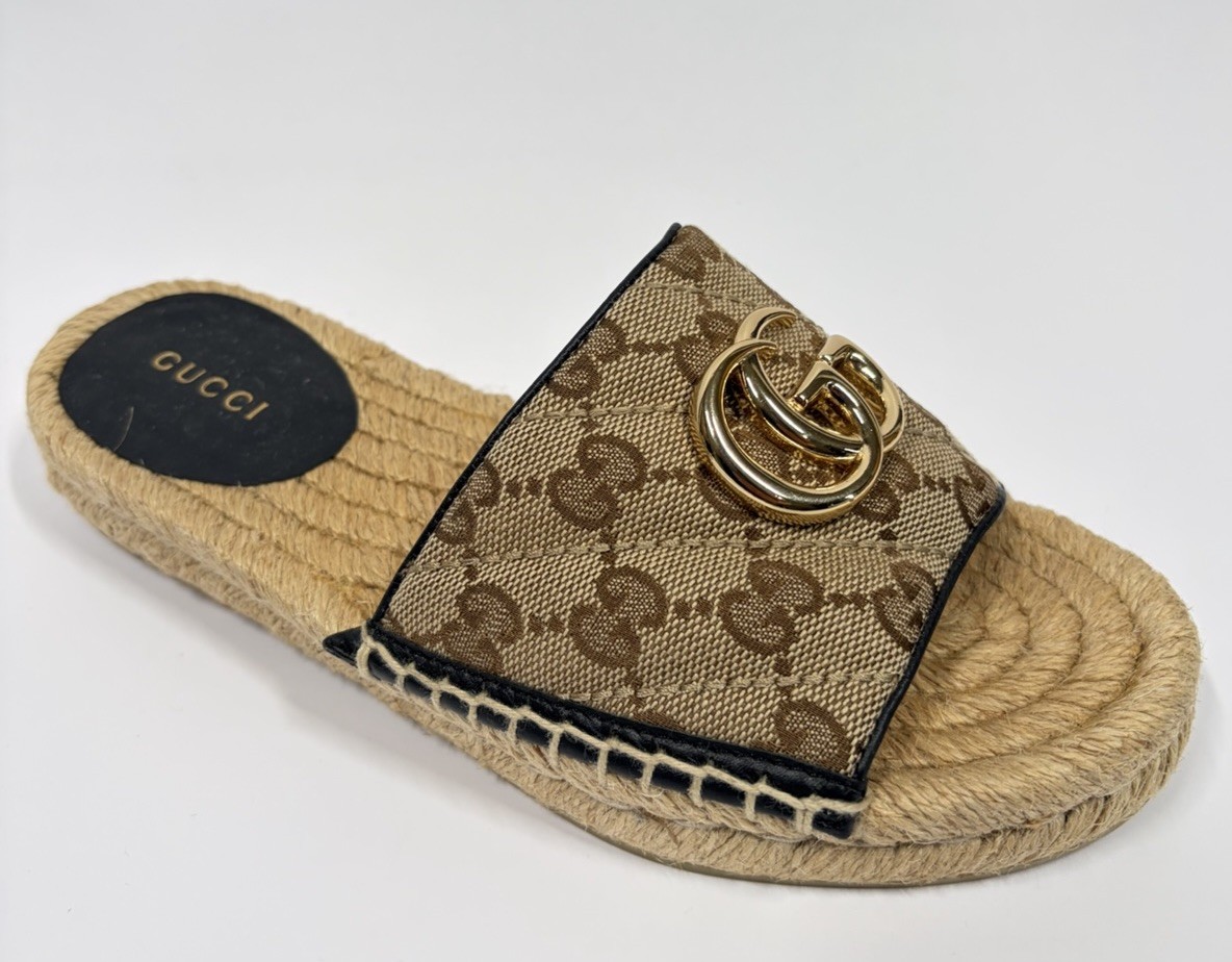 Gucci GG Matelasse Espadrille Slide Sandal Beige Ebony Womens 34.5 / US 4.5