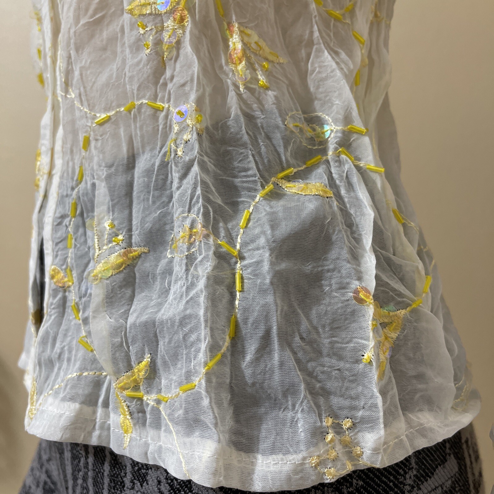 Women’s Ivory Polyester Sheer Yellow Embroidering Beaded Size L Button Up Top