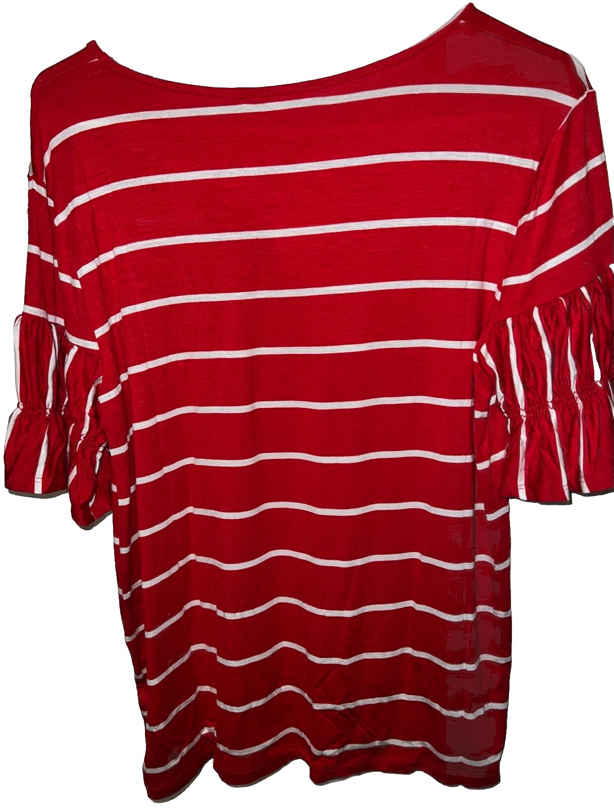 Pleione Women’s Large Red & White Striped Ruffle-Sleeve Top