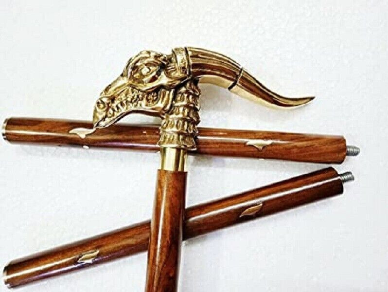 Nautical Antique Dragon Designer Handle Brass Inlay Brown Wooden Walking Stick