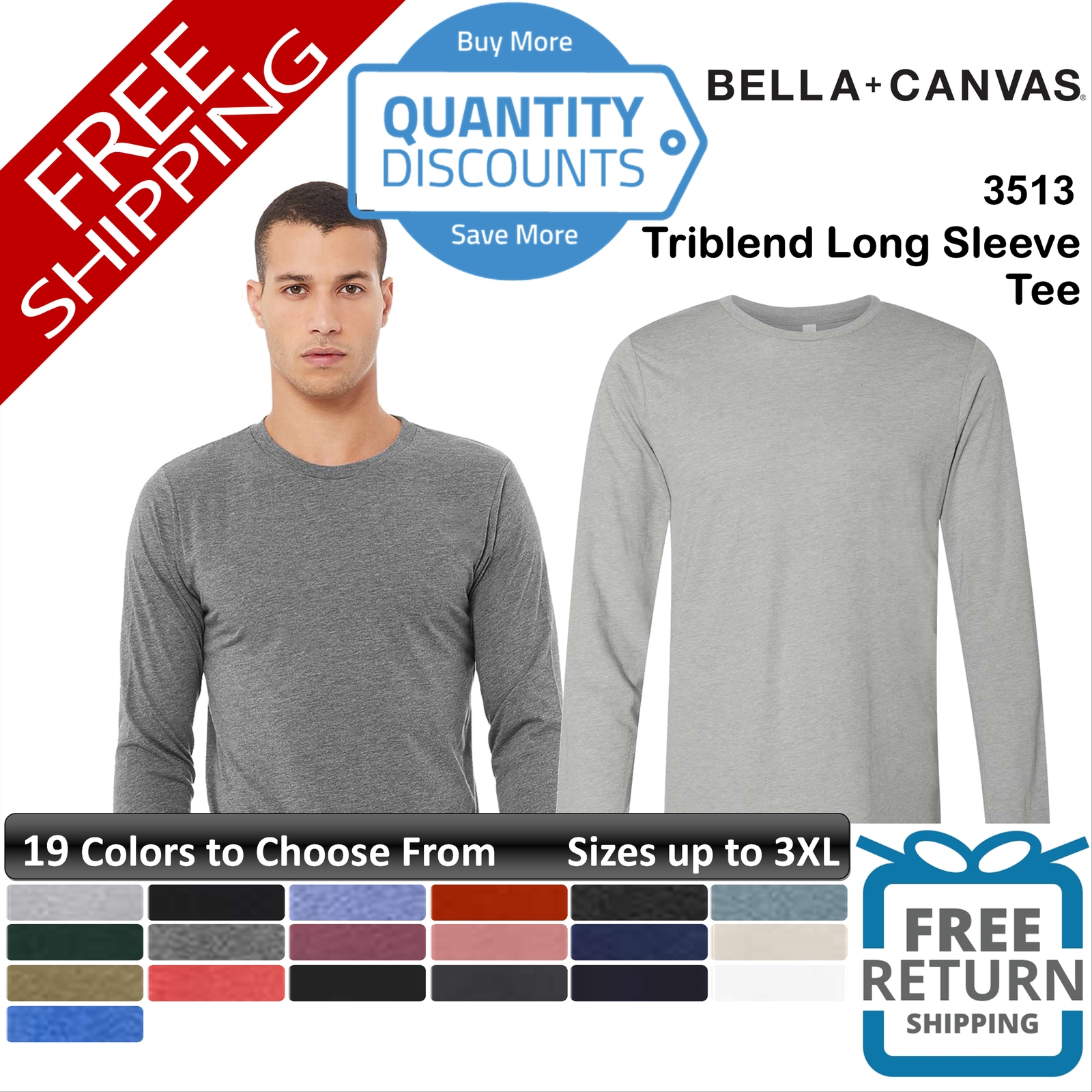 🔥 Bella + Canvas Men Triblend Long Sleeve T Shirt Ring-spun Up To 3XL 3513
