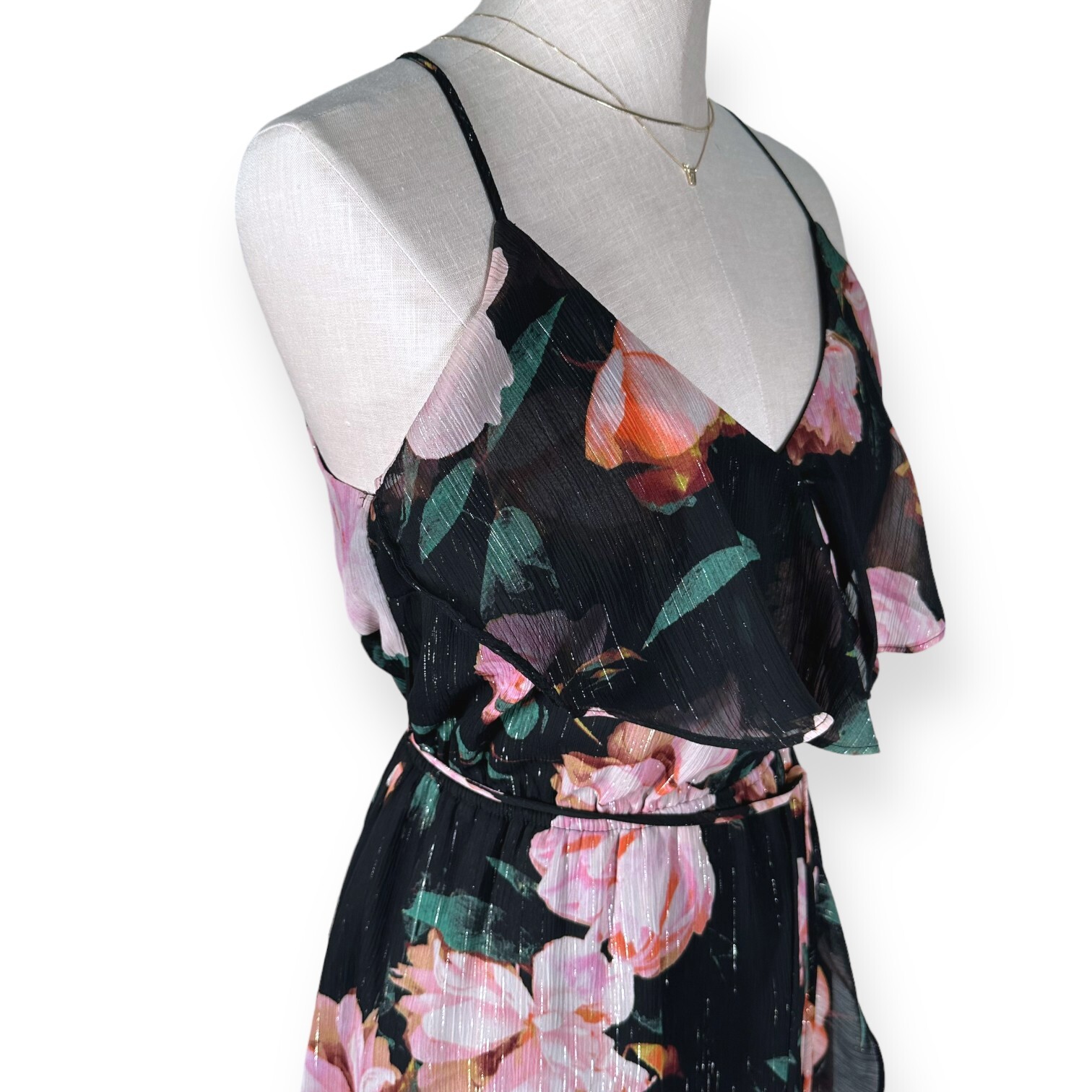 JENNIFER LOPEZ Faux Wrap Shimmer Floral Midi Dress Ruffle Tier Cascade Flirty 2