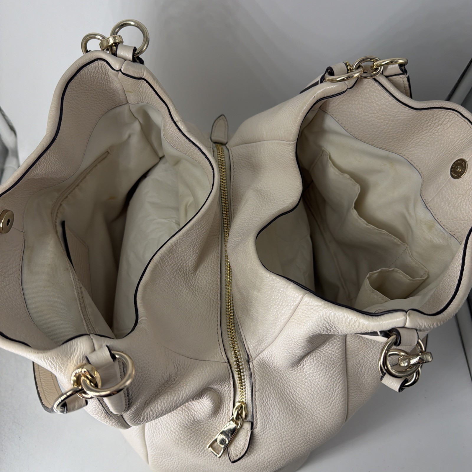 Coach Madison Phoebe Shoulder Bag Bone Pebbled Leather F35723 Compartments 3 Zip