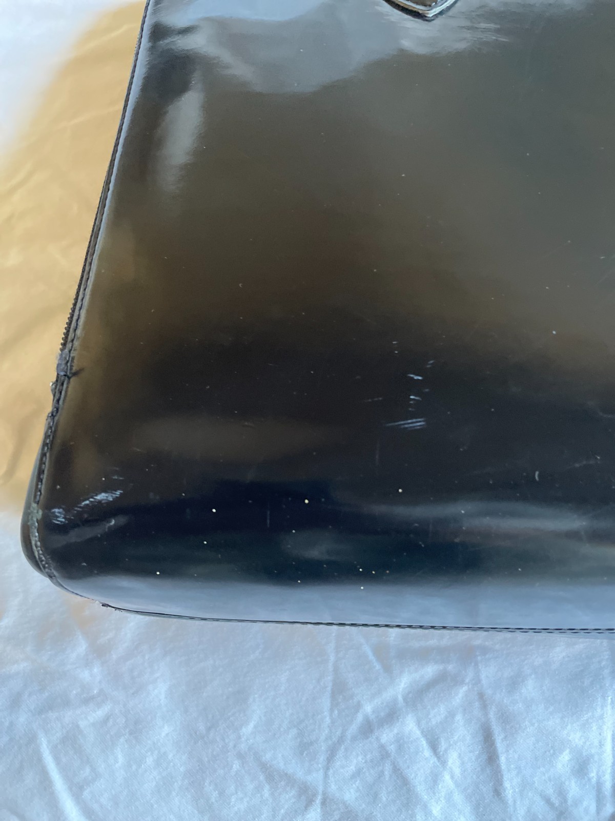 Vintage Black Furla Patent Leather Bag Straps Inside Pockets 11″H x 17″W x 4″D