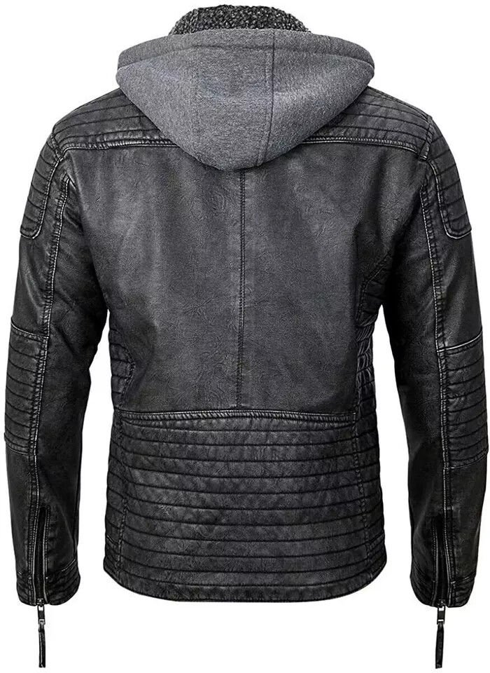 Mens Distressed Black Hoodie Motorcycle Biker Real Leather Jacket Removable Hood