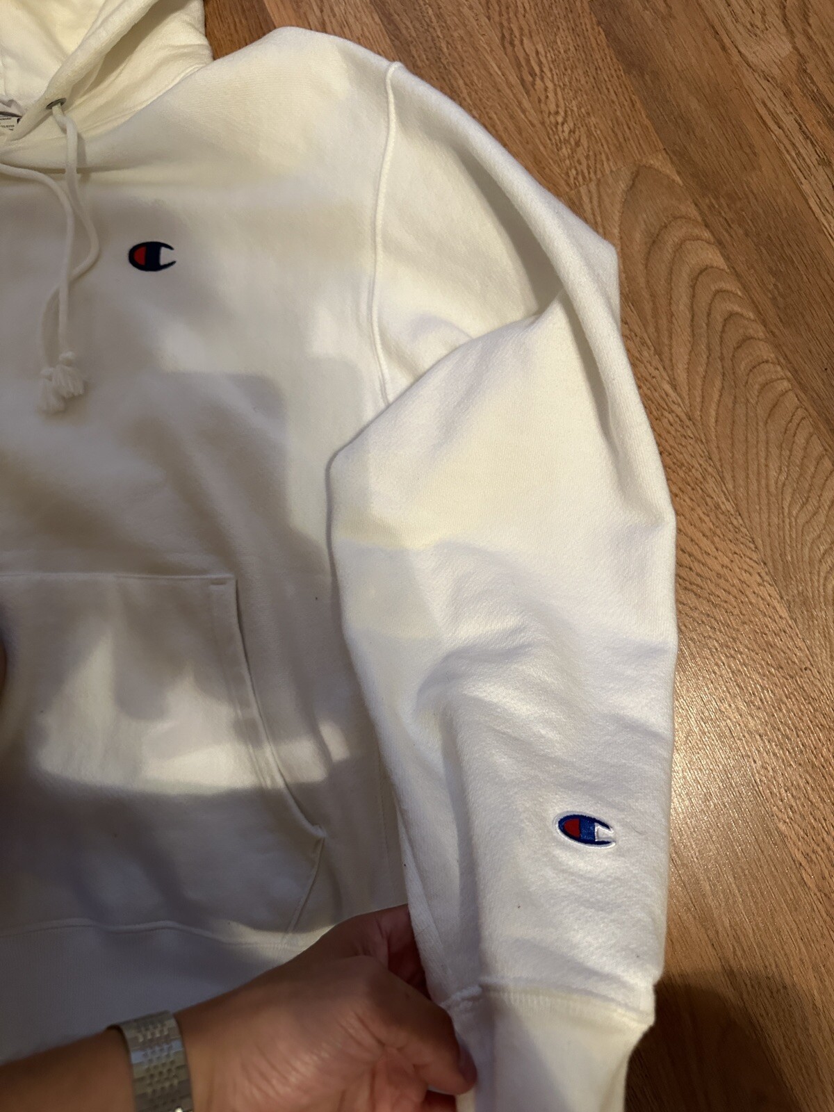 Champion Reverse Weave Patch Logo White Pullover Hoodie Men’s Size Large