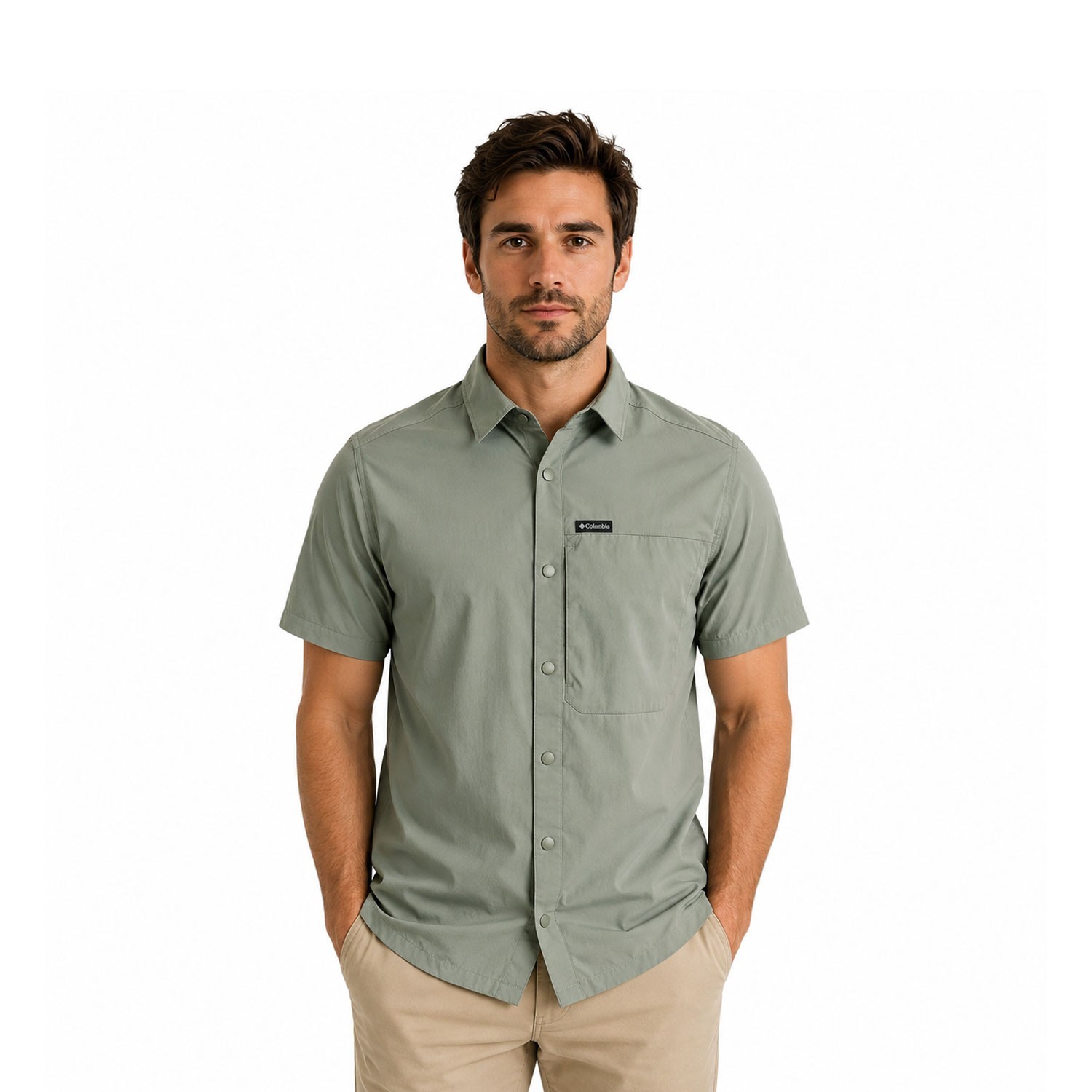Columbia Men’s Safari Green Shirt Sage Peak Woven S/S (348)