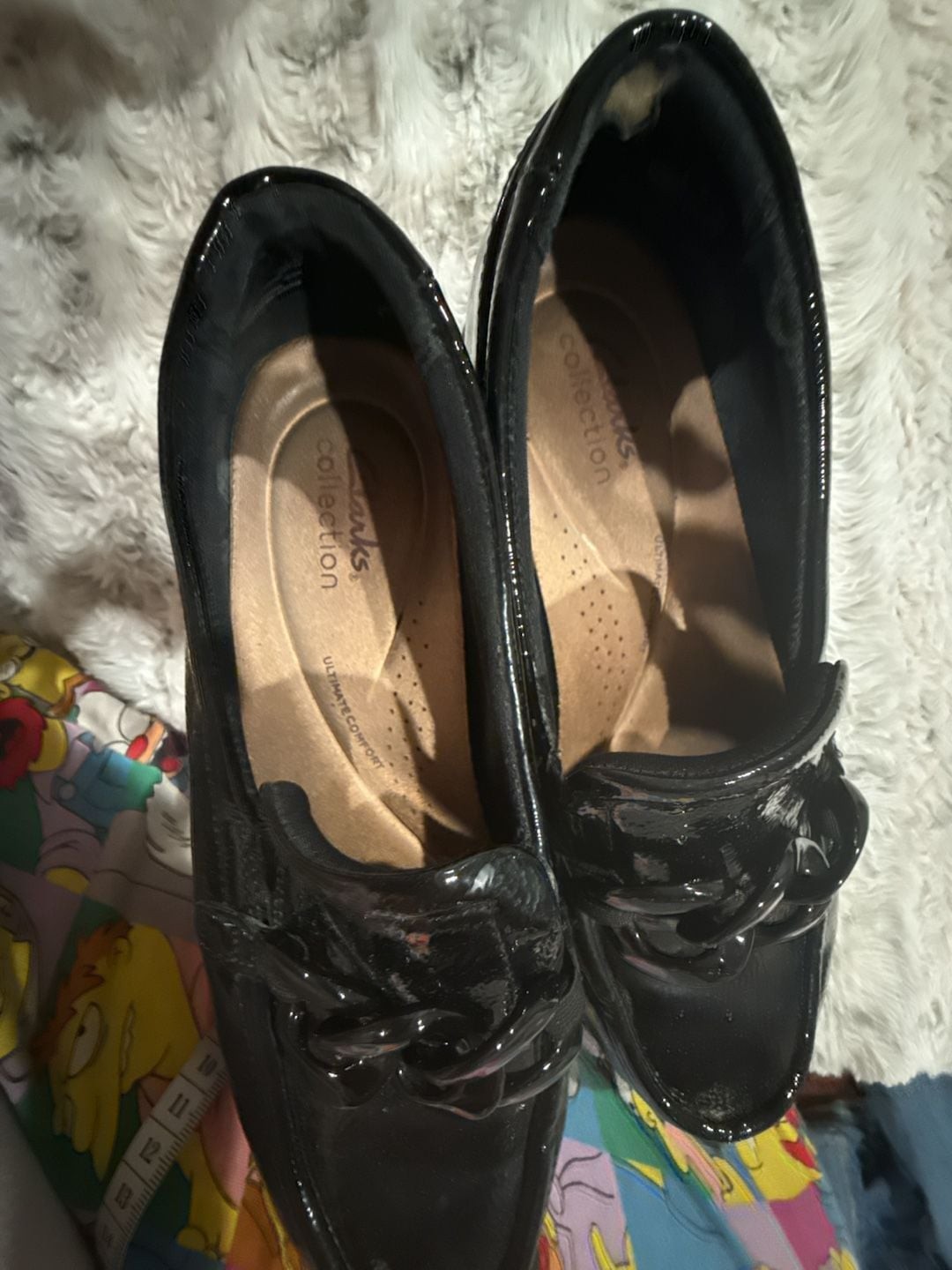 Clarks Collection Black Patent Platform Loafers with Chain Detail Sz.9-9.5