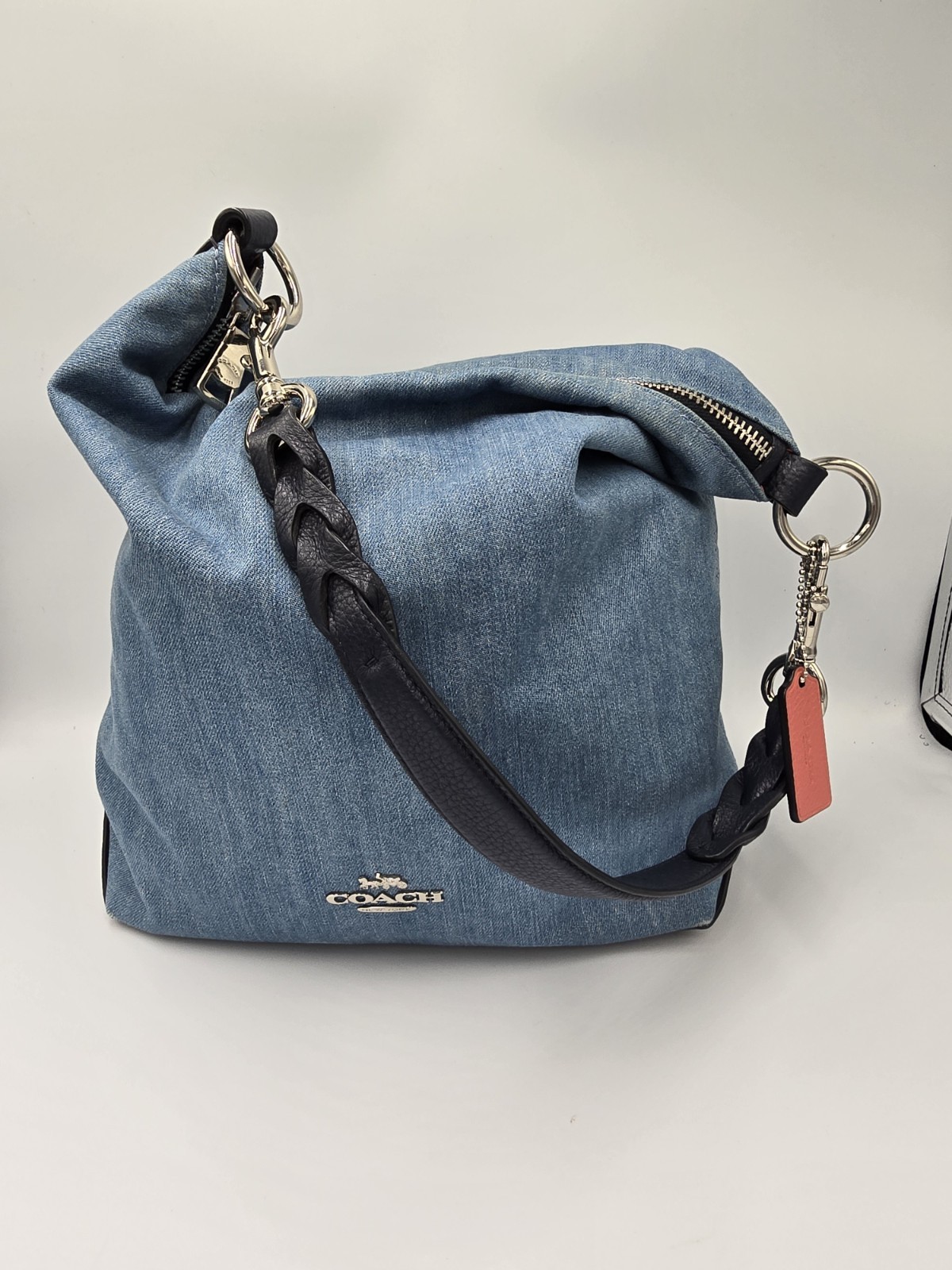 COACH 91452 Abby Duffle Shoulder Bag Light Blue Denim Navy Leather Trm Coral Int