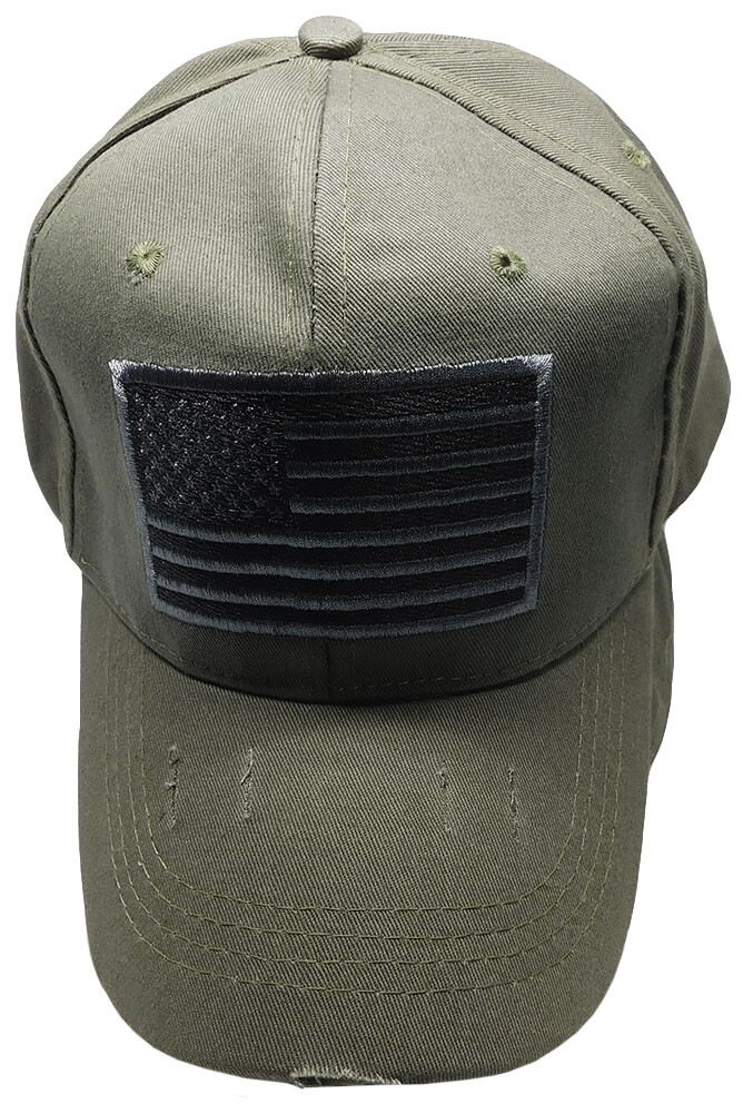 USA American Grey & Black Flag Patch Olive Green Distressed Embroidered Cap Hat