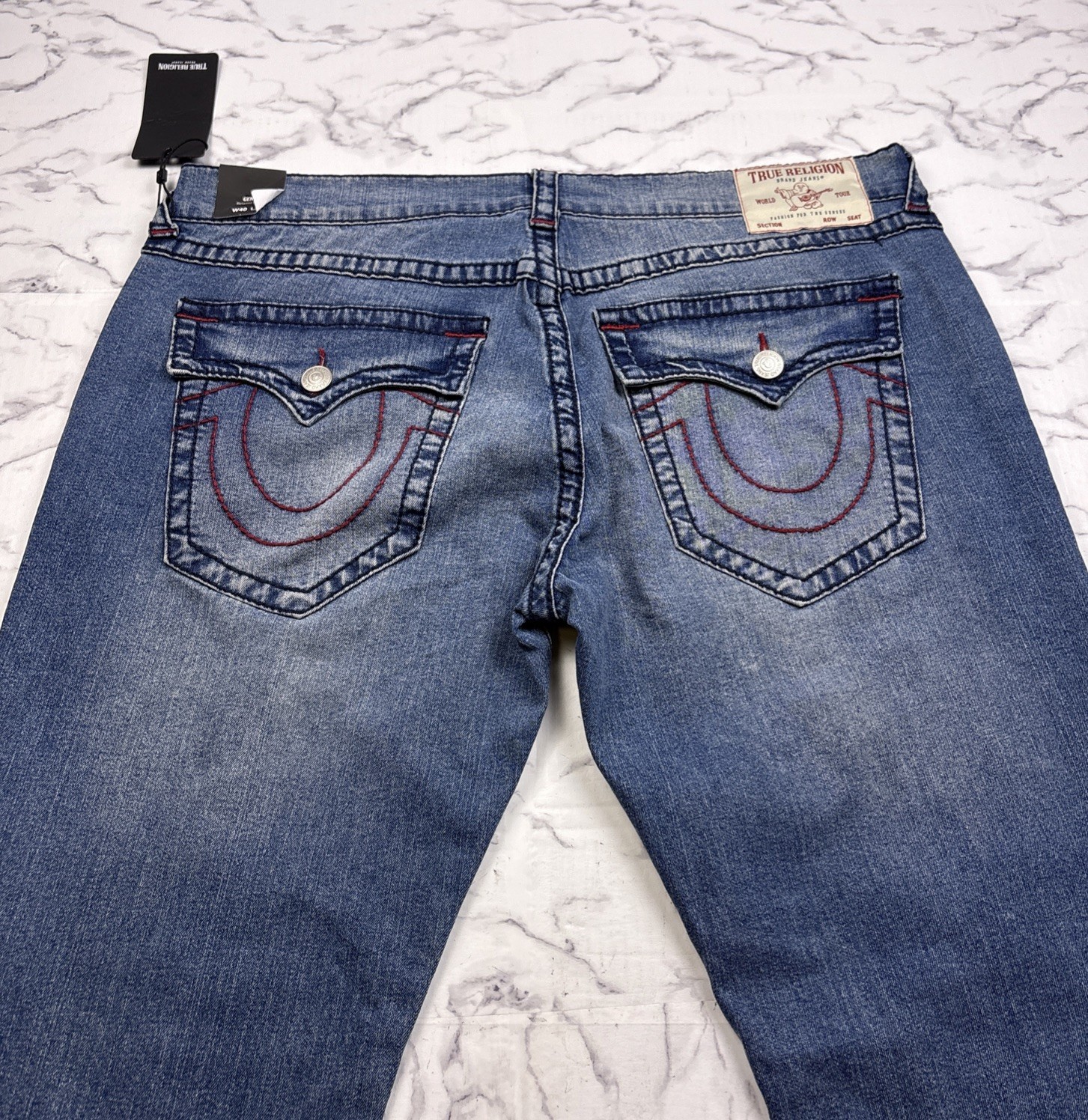 NEW True Religion Jeans GENO Big T Flap Red Trim Relaxed Slim 40×32 Blue Wash