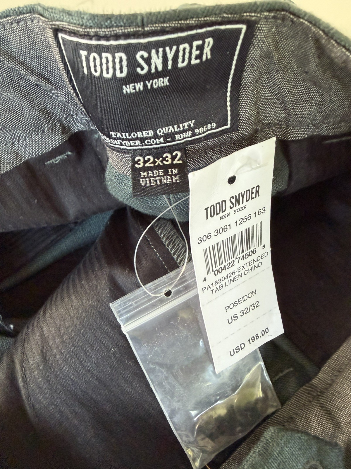NWT Todd Snyder Poseidon Green 100% Linen Extended Tab Chino Pants Mens 32 x 32