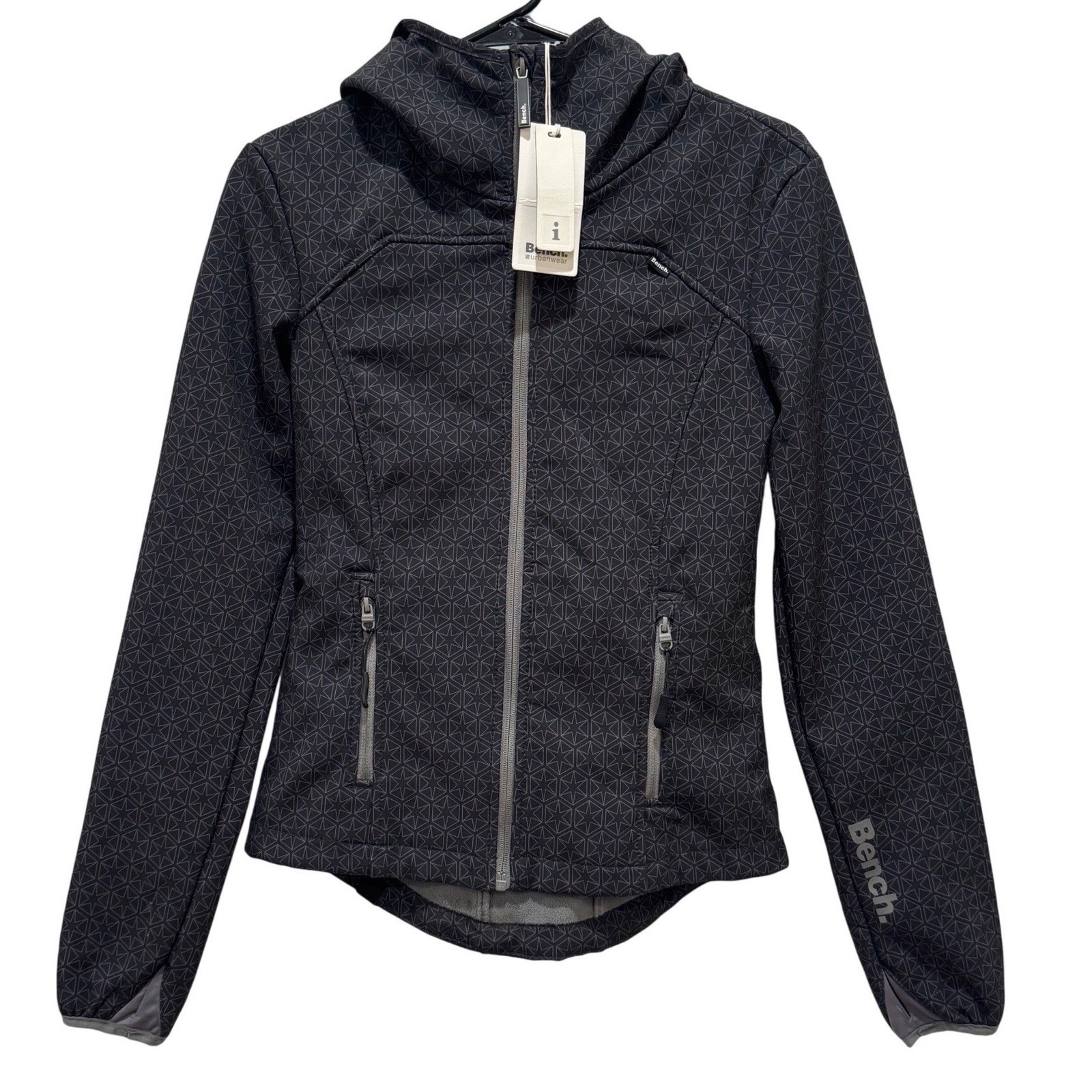 NEW Bench Firehall Jacket Women XS Black Grey Geometric Hooded Softshell Zip