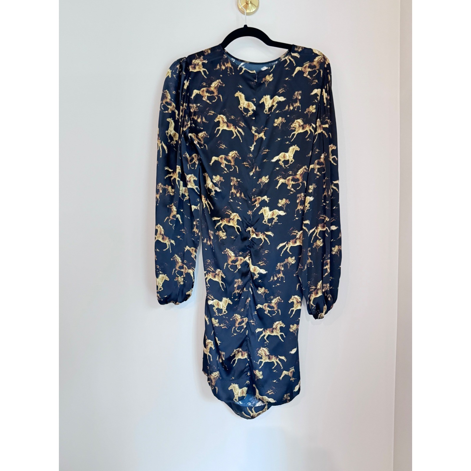 Ganni Horse Print Silk Stretch Ruched Mini Dress Black Gold Size 36 US 4 6131