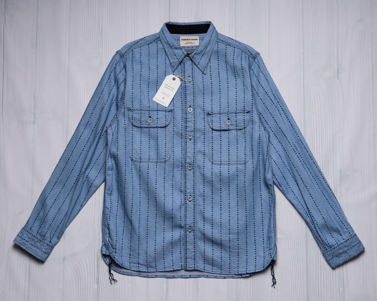 Samurai Shuriken Throwing Star Print Work Shirt Light Indigo SSS22-SHR-OVS XL