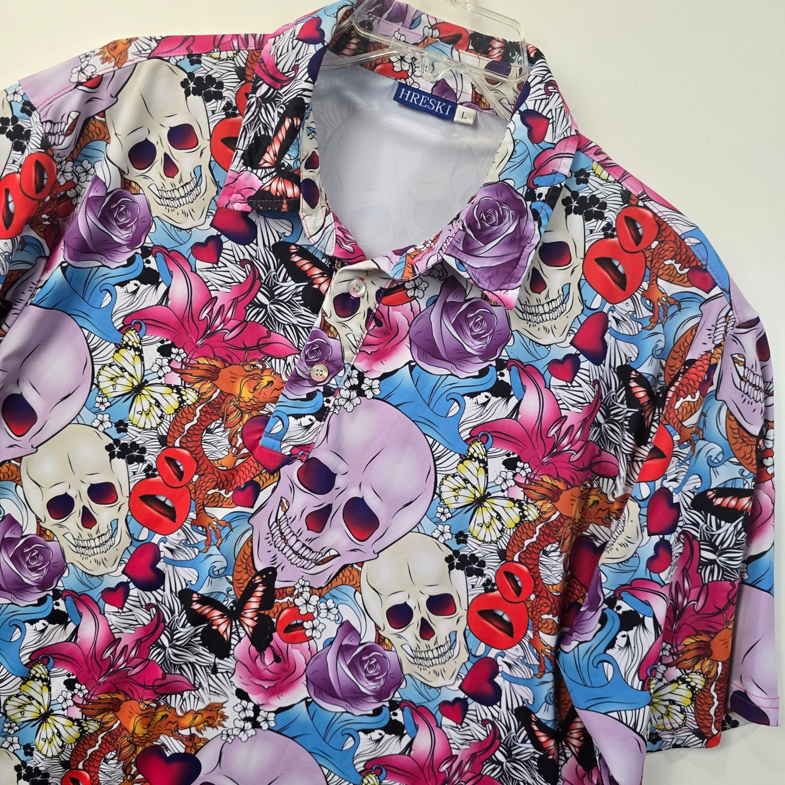 Hreski Skull Rose Dragon Tattoo Polo Shirt Mens Oversized Large Short Sleeve