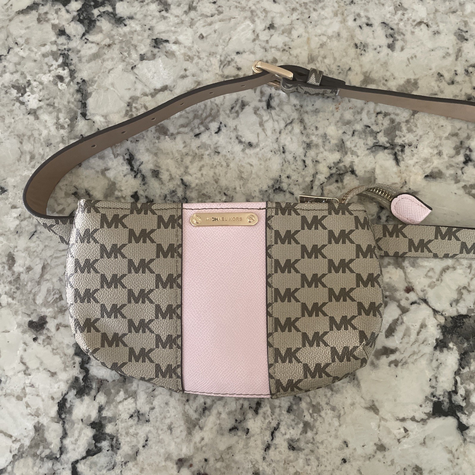 Michael Kors Beige Pink 556137 MK Monogram Belt Bag Fanny Pack