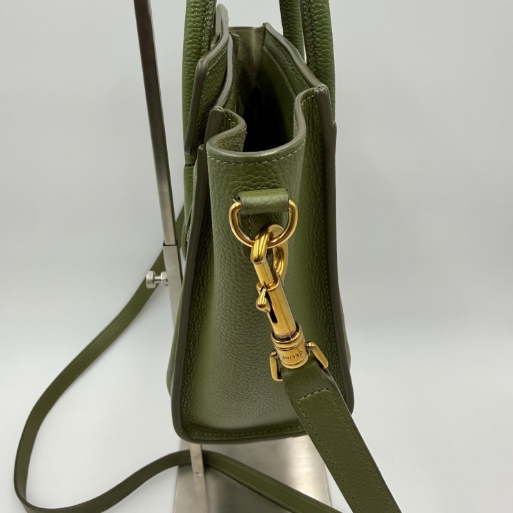 CELINE Luggage Nano Shopper Hand Bag Green Leather Gold Tone