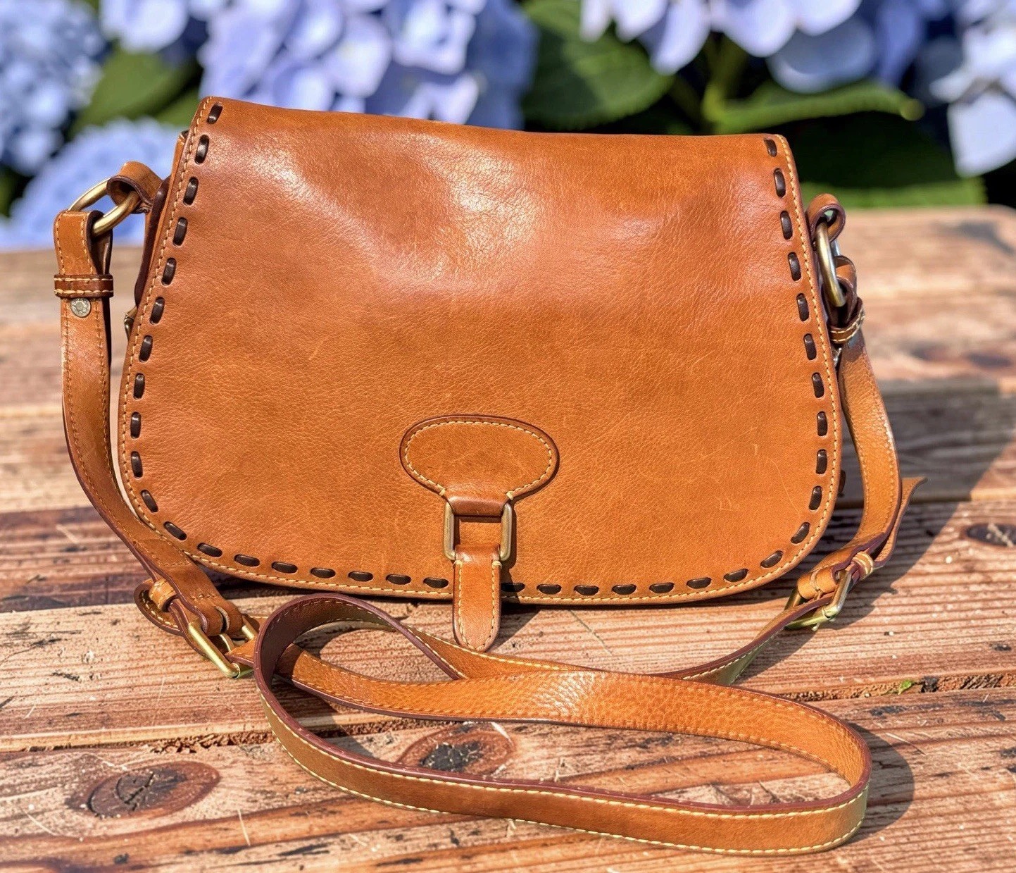 Dooney Bourke Brown Florentine Vacchetta Leather Saddle Messenger Shoulder Bag
